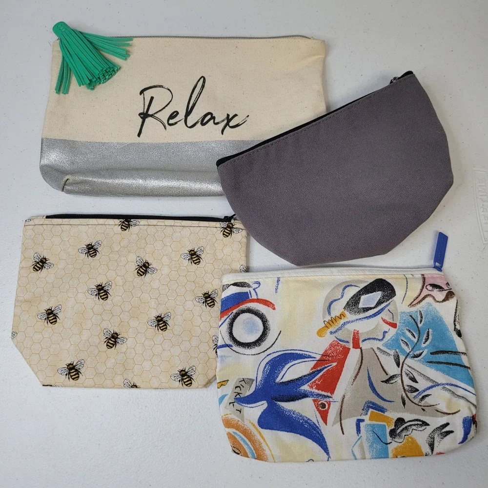 Estee Lauder Lot of 4 Makeup Cosmetic Bags bareMinerals Bee Relax Canvas Pouches